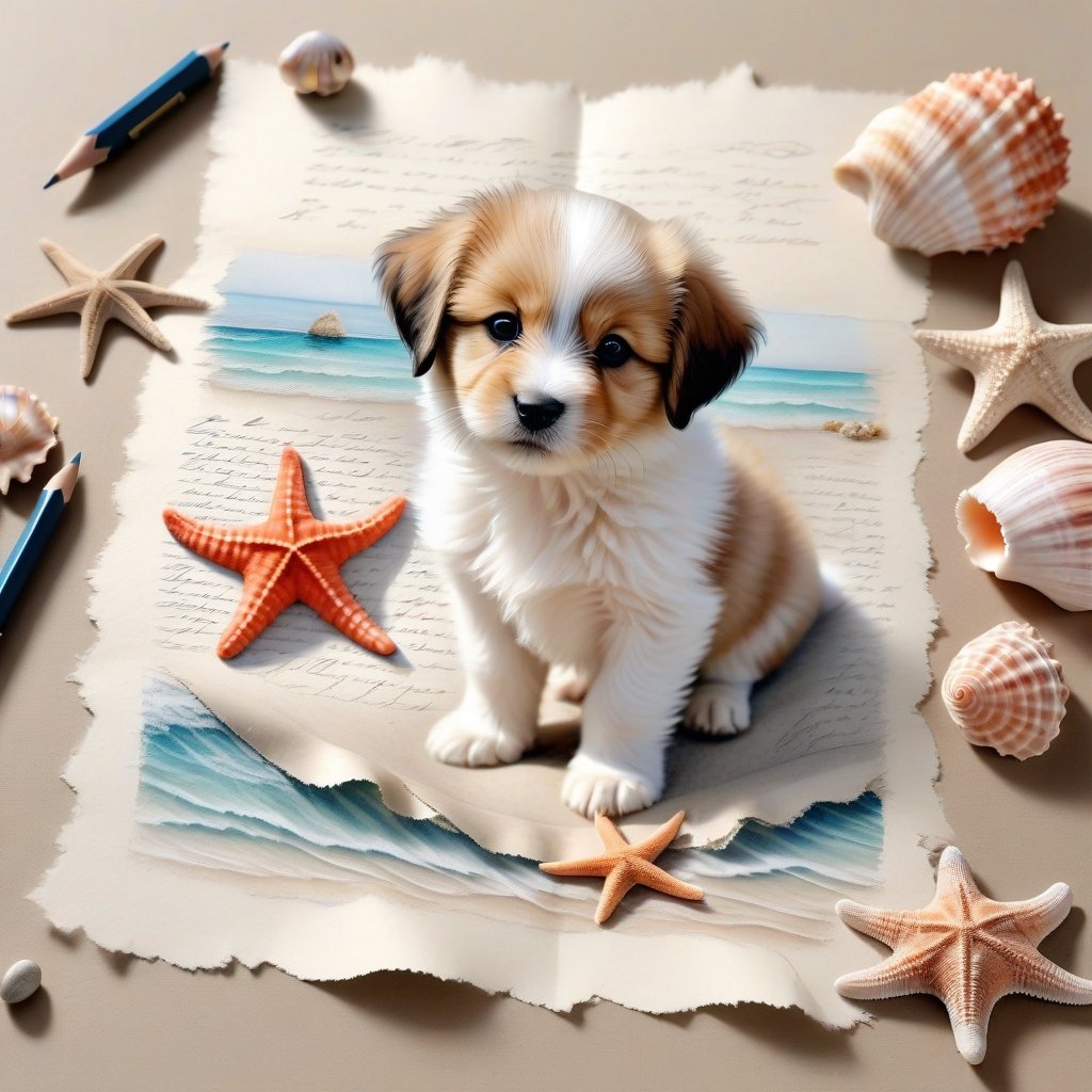 ((ultra realistic photo)), artistic sketch art, Make a pencil sketch of an adorable little FLUFFY PUPPY on an old torn edge paper, art, DETAILED textures, pure perfection, hIgh definition, detailed beach around THE PAPER, tiny delicate sea-shell, starfish, sea , delicate coral, sand pile on the paper,little calligraphy texts, tiny delicate drawings,