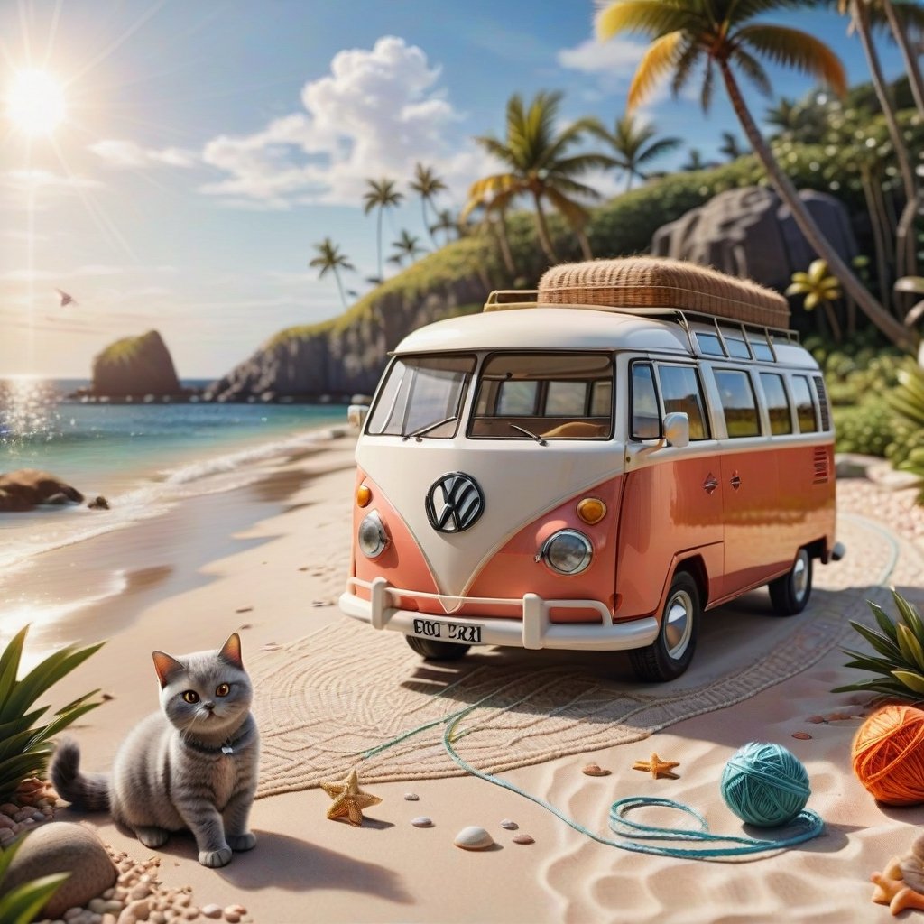((ultra realistic photo))  a cute British shorthaired happy Kitty playing with a little ball of yarn , CLASSIC VW CAMPER VAN, LOVELY WELL-ARRANGED CAMPING ENVIROMENT (art, DETAILED textures, pure perfection, hIgh definition), detailed beach around , tiny delicate sea-shell, little delicate starfish, sea ,(very detailed TROPICAL hawaiian BAY BACKGROUND, SEA SHORE, PALM TREES, DETAILED LANDSCAPE, COLORFUL) (GOLDEN HOUR LIGHTING), delicate coral, sand piles