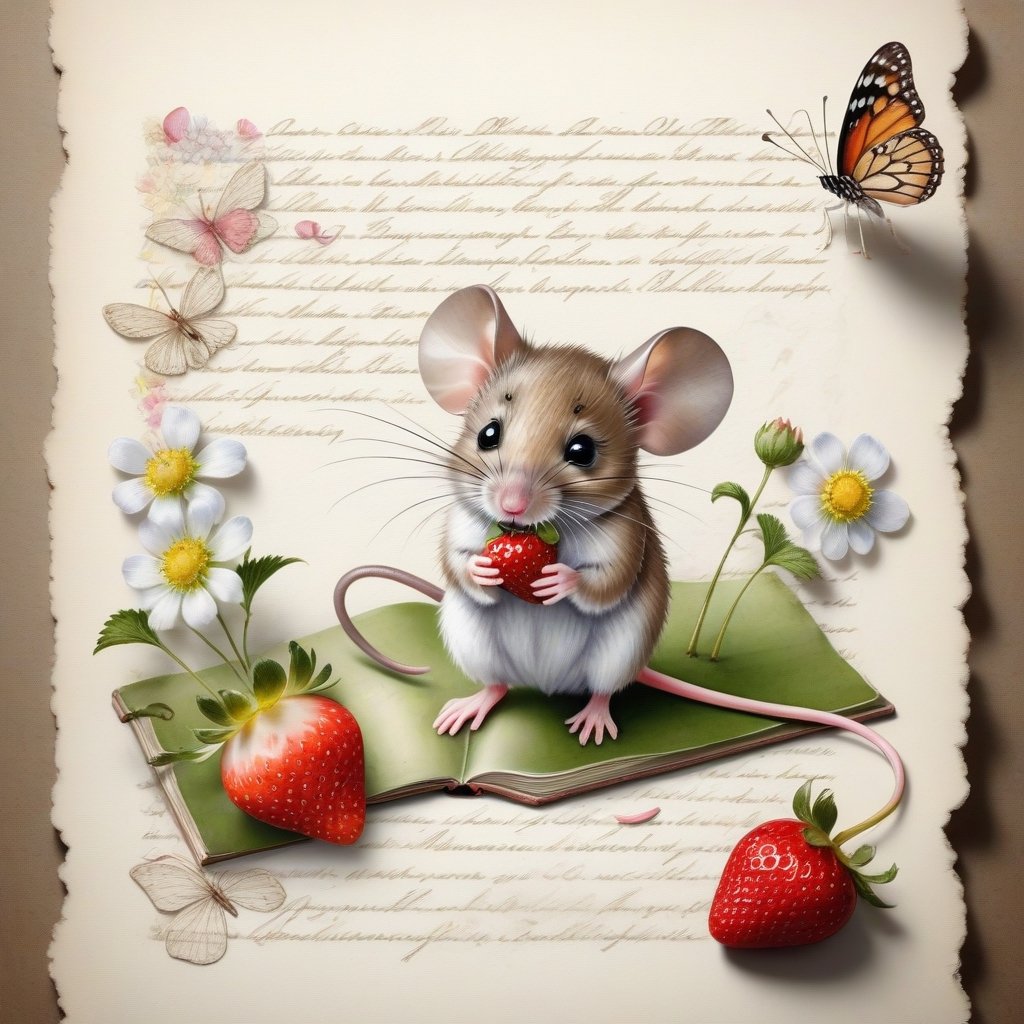 ((ultra realistic photo)), artistic sketch art, Make a little WHITE LINE pencil sketch of a cute tiny MOUSE on an old TORN EDGE Letter , art, textures, pure perfection, high definition, LITTLE FRUITS, butterfly,strawberry, berry, DELICATE FLOWERS ,grass blades, petals  on the paper, little calligraphy text, little drawings, text: "mouse", text. children's picture books, ,BookScenic