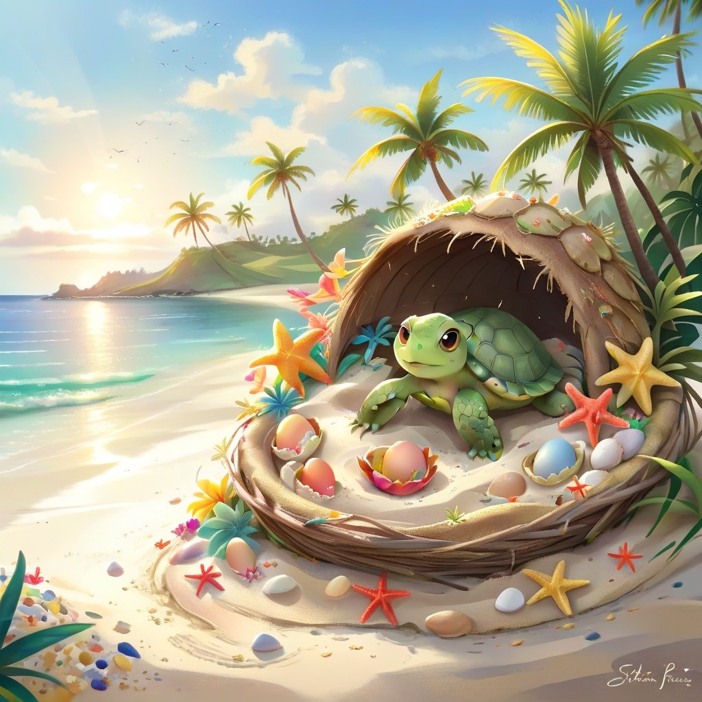 ((ultra artistic photo)), artistic sketch art, Make a DETAILED pencil sketch of a cute TINY tropical turle baby IN THE NEST ON THE SAND (art, DETAILED textures, pure perfection, hIgh definition), detailed beach , tiny delicate sea-shell, TINY COLORFUL EGG, little delicate starfish, sea ,(very detailed TROPICAL hawaiian BAY BACKGROUND VIEW, SEA SHORE, PALM TREES, DETAILED LANDSCAPE, COLORFUL) (GOLDEN HOUR LIGHTING), delicate coral, sand piles,disordered, LegendDarkFantasy,