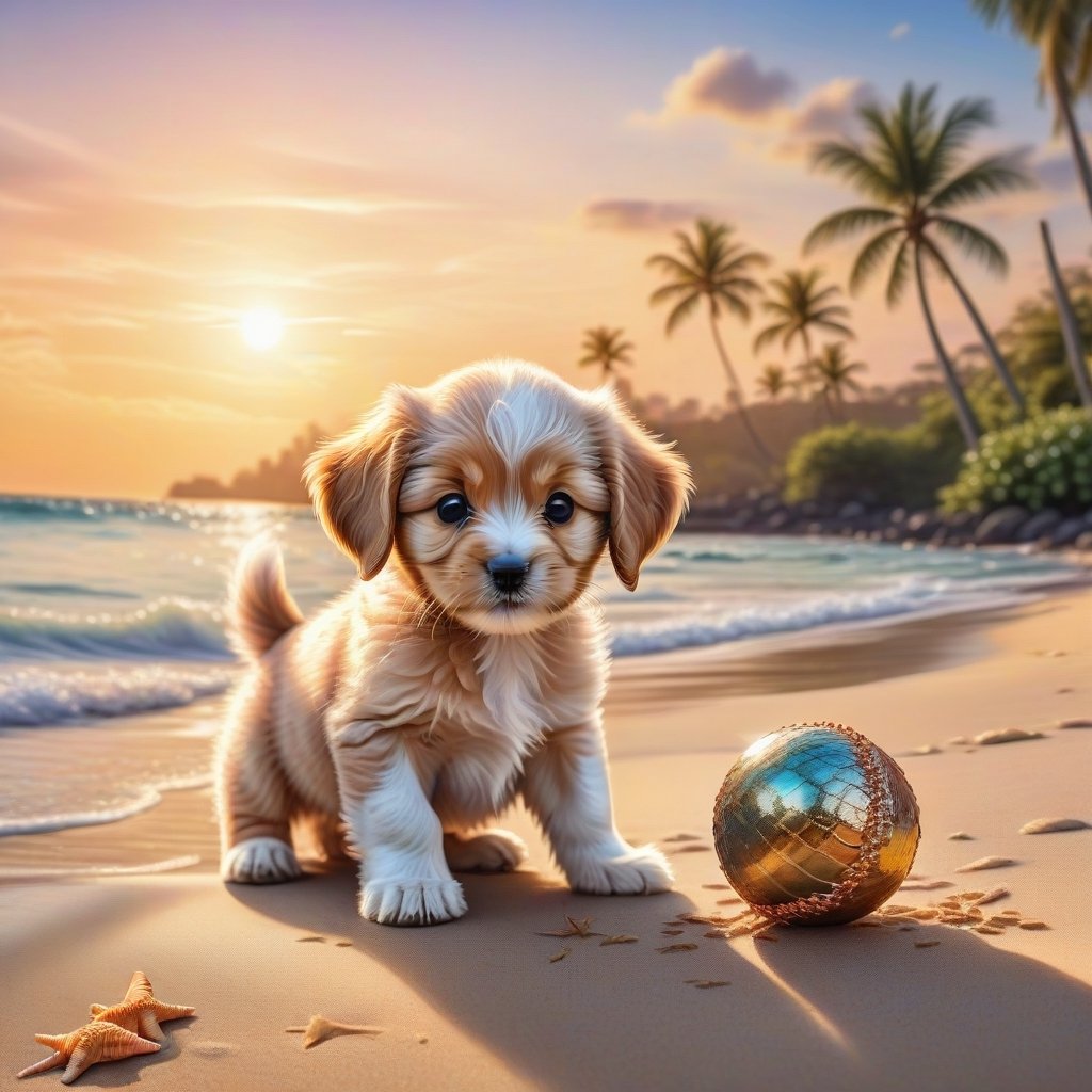 ((ultra realistic photo)), artistic sketch art, Make a DETAILED pencil sketch of a cute little FLUFFY PUPPY PLAYING WITH A BALL, (art, DETAILED textures, pure perfection, hIgh definition), detailed beach around , tiny delicate sea-shell, little delicate starfish, sea ,(very detailed TROPICAL hawaiian BAY BACKGROUND, SEA SHORE, PALM TREES, DETAILED LANDSCAPE, COLORFUL) (GOLDEN HOUR LIGHTING), delicate coral, sand piles