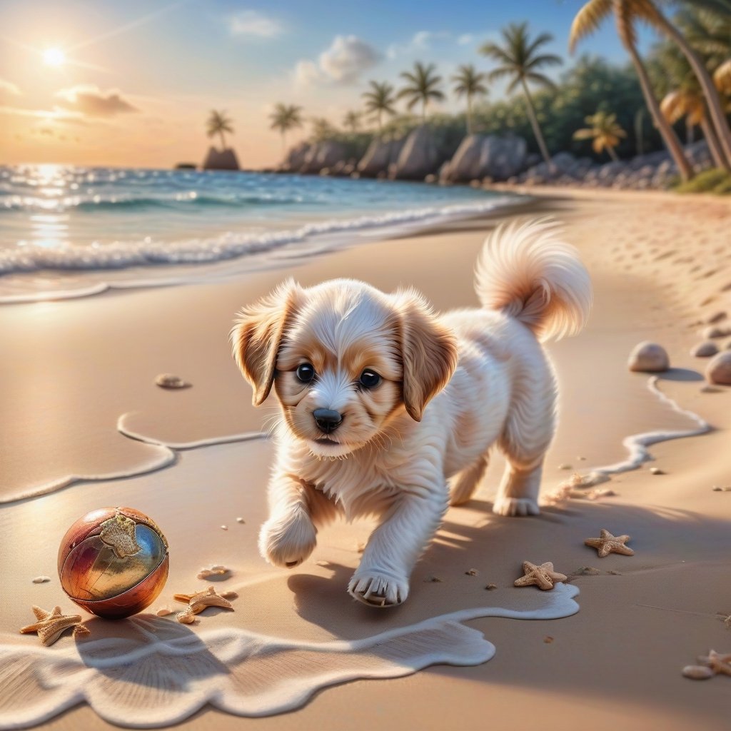 ((ultra realistic photo)), artistic sketch art, Make a DETAILED pencil sketch of a cute little FLUFFY PUPPY PLAYING WITH A BALL, (art, DETAILED textures, pure perfection, hIgh definition), detailed beach around , tiny delicate sea-shell, little delicate starfish, sea ,(very detailed TROPICAL BAY BACKGROUND, SEA SHORE, PALM TREES, DETAILED LANDSCAPE, COLORFUL) (GOLDEN HOUR LIGHTING), delicate coral, sand piles