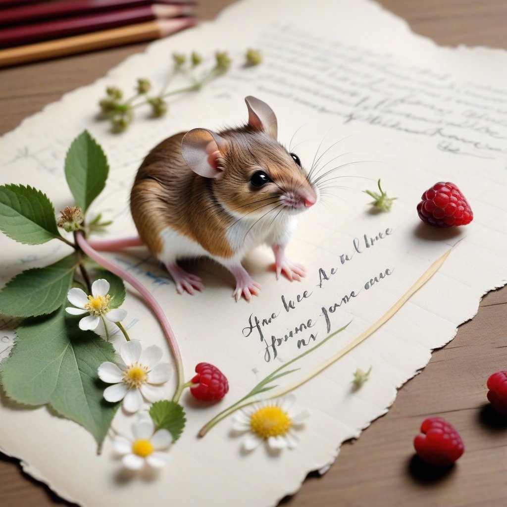 ((ultra realistic photo)), artistic sketch art, Make a little WHITE LINE pencil sketch of a cute tiny MOUSE on an old TORN EDGE PIECE OF PAPER , art, textures, pure perfection, high definition, LITTLE FRUITS, butterfly,wild berries,berry, DELICATE FLOWERS ,grass blades AROUND, flower petals on the paper, little calligraphy text all over, little drawings, text: "mouse", text. ,BookScenic,art_booster