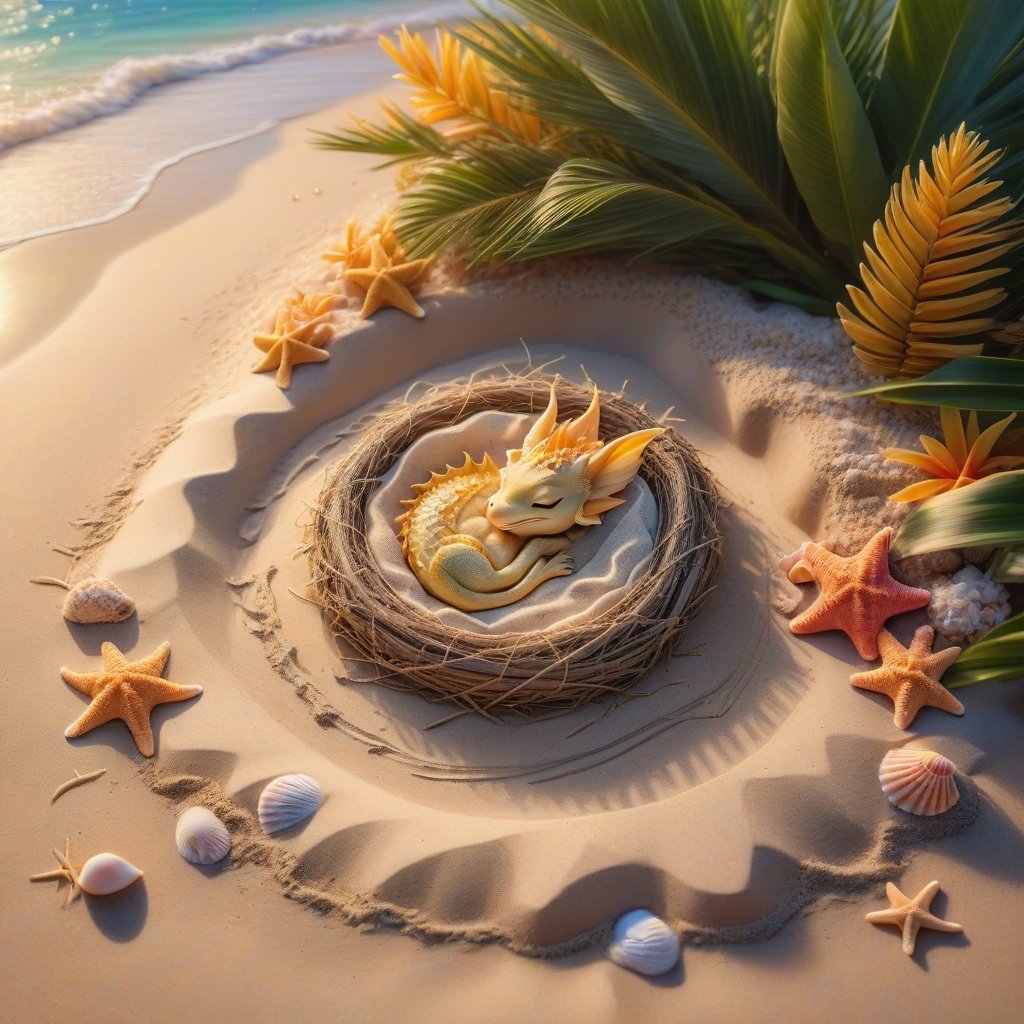 ((ultra realistic photo)), artistic sketch art, Make a DETAILED pencil sketch of a cute TINY MINIATURE CUTE SLEEPY BABY DRAGON SLEEPING IN THE NEST ON THE SAND (art, DETAILED textures, pure perfection, hIgh definition), detailed beach around , tiny delicate sea-shell, little delicate starfish, sea ,(very detailed TROPICAL hawaiian BAY BACKGROUND, SEA SHORE, PALM TREES, DETAILED LANDSCAPE, COLORFUL) (GOLDEN HOUR LIGHTING), delicate coral, sand piles