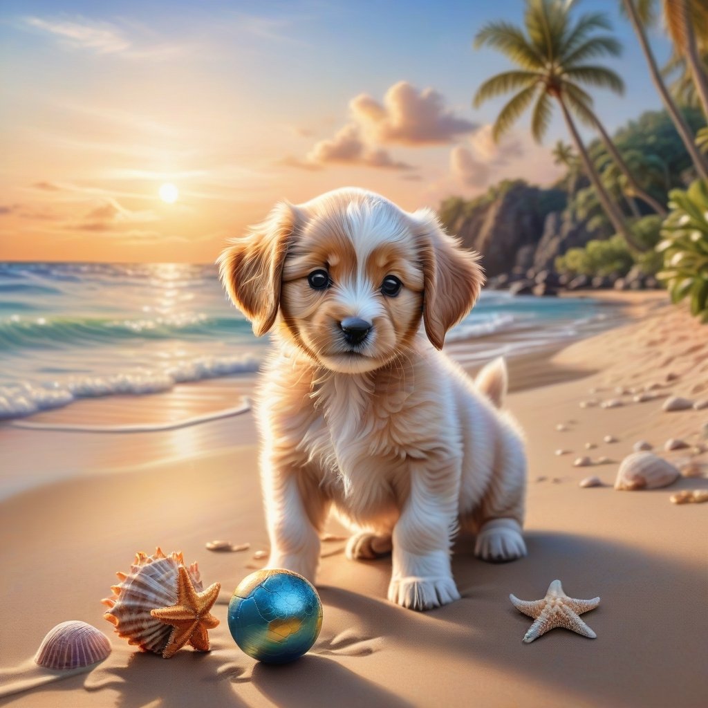 ((ultra realistic photo)), artistic sketch art, Make a DETAILED pencil sketch of a cute little FLUFFY PUPPY PLAYING WITH A BALL, (art, DETAILED textures, pure perfection, hIgh definition), detailed beach around , tiny delicate sea-shell, little delicate starfish, sea ,(very detailed TROPICAL hawaiian BAY BACKGROUND, SEA SHORE, PALM TREES, DETAILED LANDSCAPE, COLORFUL) (GOLDEN HOUR LIGHTING), delicate coral, sand piles