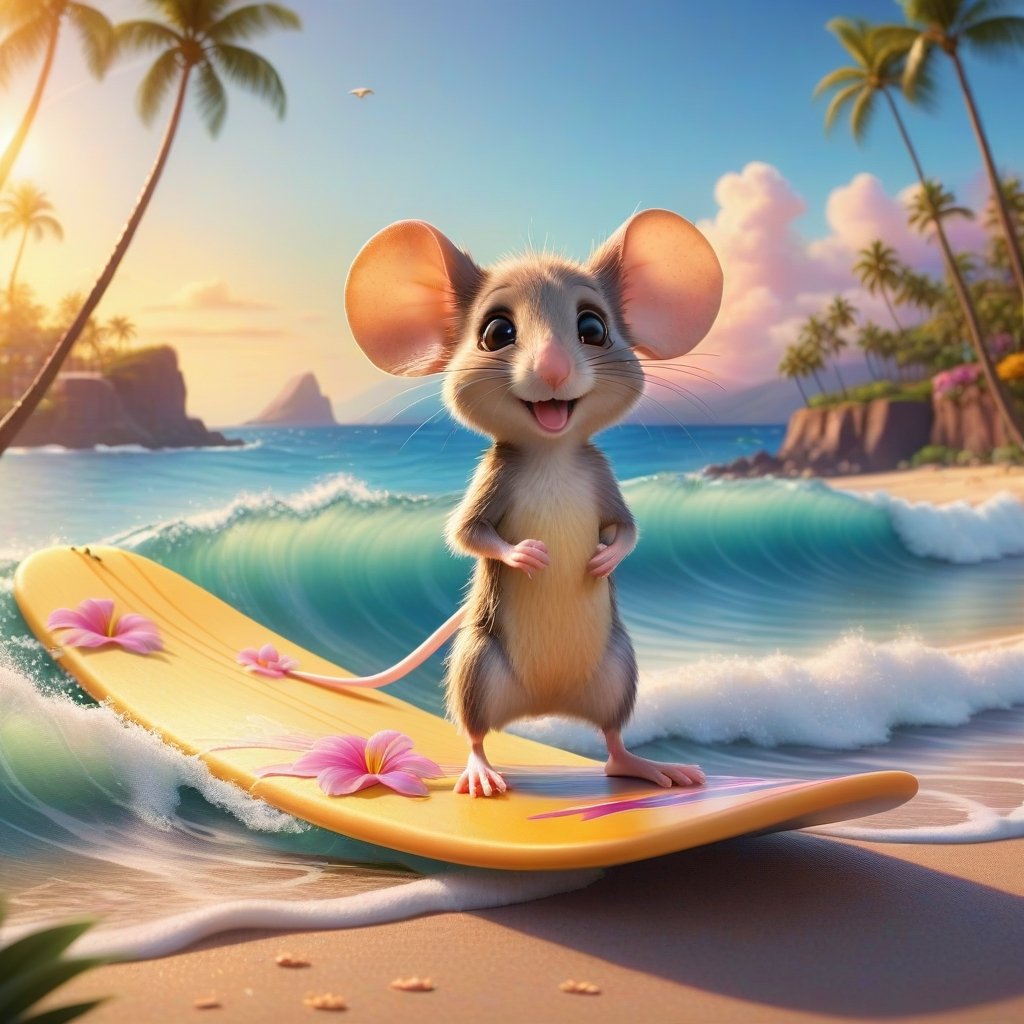 cute little mouse, standing on a surfoard on the mild waves, and mild waves around the nice summer beach, next to the lovely flower, Pixar, muted colors, sunny day, pastels, insanely detailed, insanely realistic, high definition, high resolution adorable,,(very detailed TROPICAL hawaiian BAY BACKGROUND, SEA SHORE, PALM TREES, DETAILED LANDSCAPE, COLORFUL) (GOLDEN HOUR LIGHTING), 