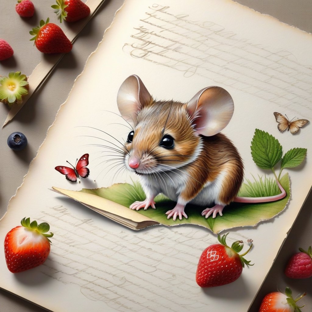 ((ultra realistic photo)), artistic sketch art, Make a little WHITE LINE pencil sketch of a cute tiny MOUSE on an old TORN EDGE Letter , art, textures, pure perfection, high definition, LITTLE FRUITS, butterfly,strawberry, berry, DELICATE FLOWERS ,grass blades, petals  on the paper, little calligraphy text, little drawings, text: "mouse", text. children's picture books, ,BookScenic