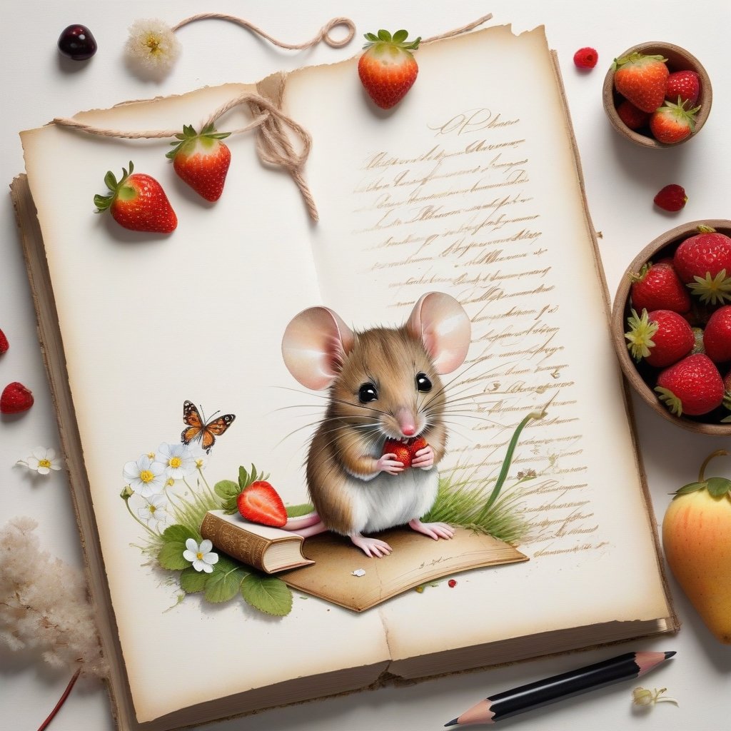 ((ultra realistic photo)), artistic sketch art, Make a little WHITE LINE pencil sketch of a cute tiny MOUSE on an old TORN EDGE Letter , art, textures, pure perfection, high definition, LITTLE FRUITS, butterfly,strawberry, berry, DELICATE FLOWERS ,grass blades, flower petals  on the paper, little calligraphy text, little drawings, text: "mouse", text. children's picture books, ,BookScenic,ink