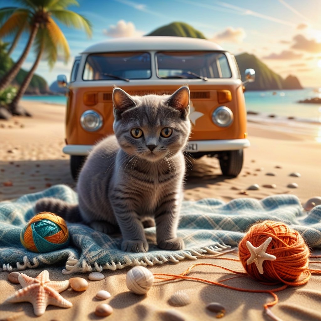 ((ultra realistic photo))  a cute little British shorthaired Kitty playing with a little ball of yarn ON A PLAID, IN FRONT OF THE CLASSIC VW CAMPER VAN, LOVELY WELL-ARRANGED CAMPING ENVIROMENT (art, DETAILED textures, pure perfection, hIgh definition), detailed beach around , tiny delicate sea-shell, little delicate starfish, sea ,(very detailed TROPICAL hawaiian BAY BACKGROUND, SEA SHORE, PALM TREES, DETAILED LANDSCAPE, COLORFUL) (GOLDEN HOUR LIGHTING), delicate coral, sand piles,LegendDarkFantasy,dark