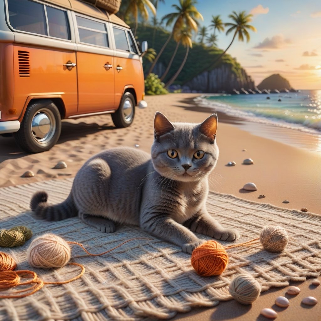 ((ultra realistic photo))  a cute little British shorthaired happy Kitty playing with a little ball of yarn ON A PLAID, IN FRONT OF THE CLASSIC VW CAMPER VAN, LOVELY WELL-ARRANGED CAMPING ENVIROMENT (art, DETAILED textures, pure perfection, hIgh definition), detailed beach around , tiny delicate sea-shell, little delicate starfish, sea ,(very detailed TROPICAL hawaiian BAY BACKGROUND, SEA SHORE, PALM TREES, DETAILED LANDSCAPE, COLORFUL) (GOLDEN HOUR LIGHTING), delicate coral, sand piles,LegendDarkFantasy,dark,anthro