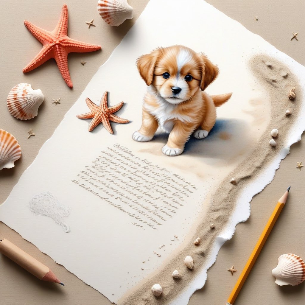 ((ultra realistic photo)), artistic sketch art, Make a pencil sketch of an adorable little FLUFFY PUPPY on a torn edge LETTER on the sand ( WITH LITTLE DRAWINGS AND  TEXTS, art, DETAILED textures, pure perfection, hIgh definition), detailed beach around THE PAPER, tiny delicate sea-shell, little delicate starfish, sea ,TROPICAL BAY, delicate coral, sand pile on the paper,little calligraphy texts, little drawings on the paper,, text: "puppy", text. ,BookScenic,art_booster