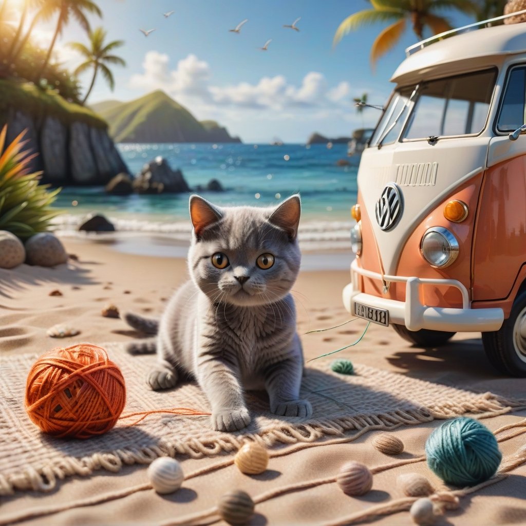((ultra realistic photo))  a cute British shorthaired happy playful Kitty playing with a little ball of yarn ON A PLAID, IN FRONT OF THE CLASSIC VW CAMPER VAN, LOVELY WELL-ARRANGED CAMPING ENVIROMENT (art, DETAILED textures, pure perfection, hIgh definition), detailed beach around , tiny delicate sea-shell, little delicate starfish, sea ,(very detailed TROPICAL hawaiian BAY BACKGROUND, SEA SHORE, PALM TREES, DETAILED LANDSCAPE, COLORFUL) (GOLDEN HOUR LIGHTING), delicate coral, sand piles,LegendDarkFantasy,dark,anthro