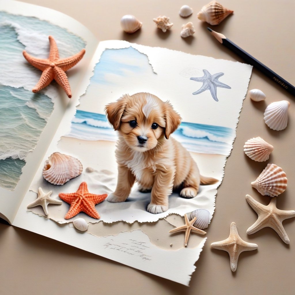 ((ultra realistic photo)), artistic sketch art, Make a pencil sketch of an adorable little FLUFFY PUPPY on an old torn edge paper, art, DETAILED textures, pure perfection, hIgh definition, detailed beach around THE PAPER, tiny delicate sea-shell, starfish, sea , delicate coral, sand on the paper, little calligraphy text all over the paper, tiny delicate drawings,BookScenic