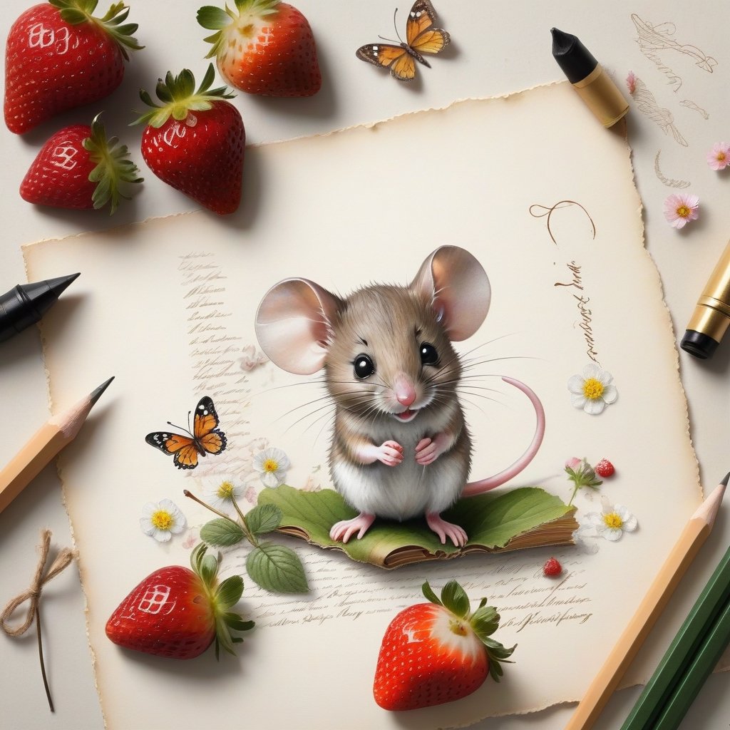 ((ultra realistic photo)), artistic sketch art, Make a little 2,5D WHITE LINE pencil sketch of a cute tiny MOUSE on an old TORN EDGE Letter , art, textures, pure perfection, high definition, LITTLE FRUITS, butterfly,strawberry,berry, DELICATE FLOWERS ,grass blades, flower petals  on the paper, little calligraphy text, little drawings, text: "mouse", text. children's picture books, ,BookScenic,ink,smoke,ink smoke