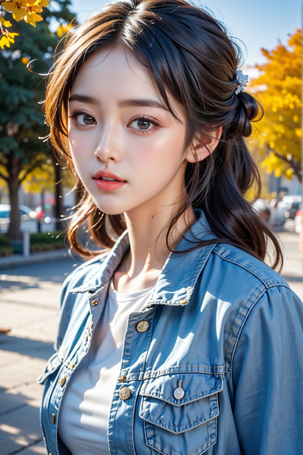 8k, (masterpiece:1.3), ultra-realistic, UHD, highly detailed, best quality, 1girl, petite, distant short, full_body, close up portrait of self-assurance (AIDA_LoRA_HanF:1.1) as (12 years old girl:1.1) standing in the park, (wearing denim jacket:1.1), beautiful realistic girl, cute girl, skinny, slim, fitness, natural hair, dynamic pose, cinematic, dramatic, hyper realistic, studio photo, hdr, f1.6, getty images, (colorful:1.1),perfect light,beauty,Beauty,Korean