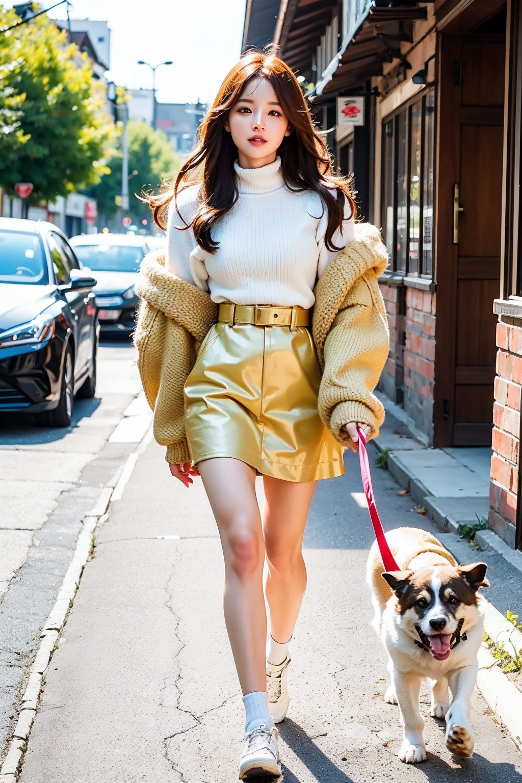 beautiful cute young attractive teenage girl, village girl, 18 years old, cute, Instagram model, long yellow_hair, colorful hair, warm, dacing, She is going for a walk with the dog,perfect light,beauty,Beauty,Korean,JungKook,idol