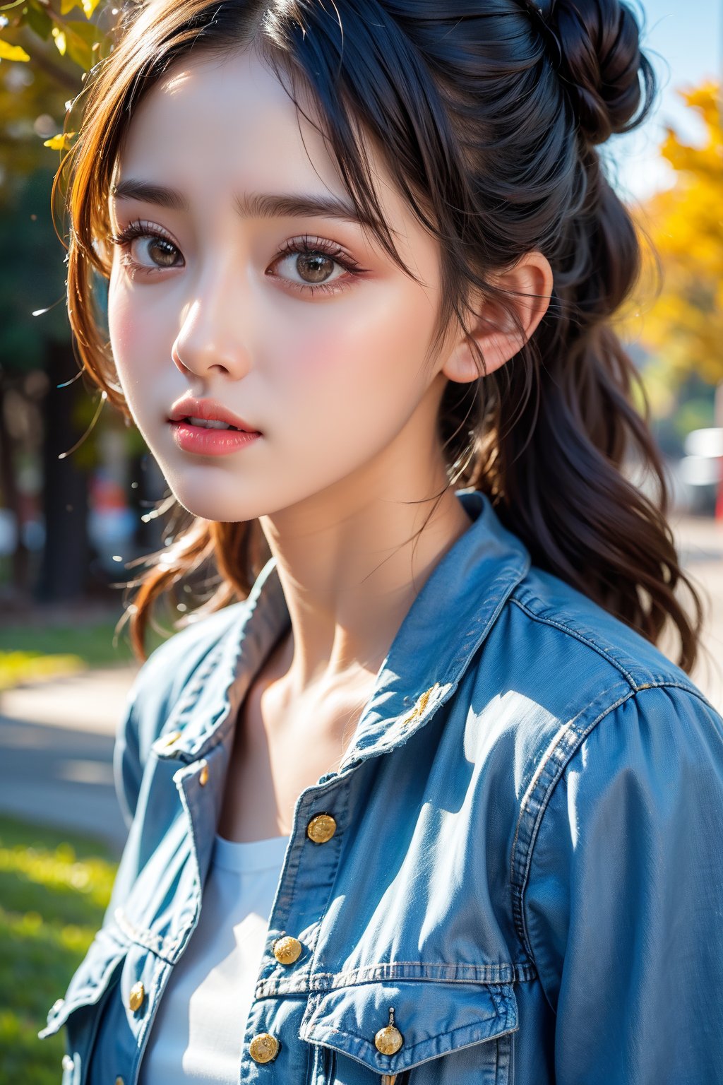 8k, (masterpiece:1.3), ultra-realistic, UHD, highly detailed, best quality, 1girl, petite, distant short, full_body, close up portrait of self-assurance (AIDA_LoRA_HanF:1.1) as (12 years old girl:1.1) standing in the park, (wearing denim jacket:1.1), beautiful realistic girl, cute girl, skinny, slim, fitness, natural hair, dynamic pose, cinematic, dramatic, hyper realistic, studio photo, hdr, f1.6, getty images, (colorful:1.1),perfect light,beauty,Beauty