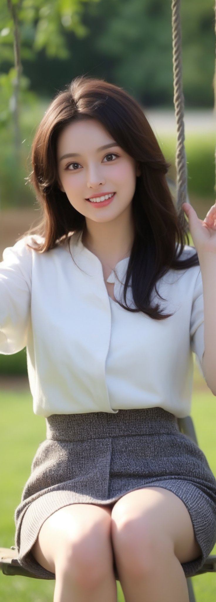 1girl, solo, long hair, looking at viewer, smile, brown hair, shirt, black hair, brown eyes, sitting on a swing, bow on head, masterpiece,perfect light,beauty,idol