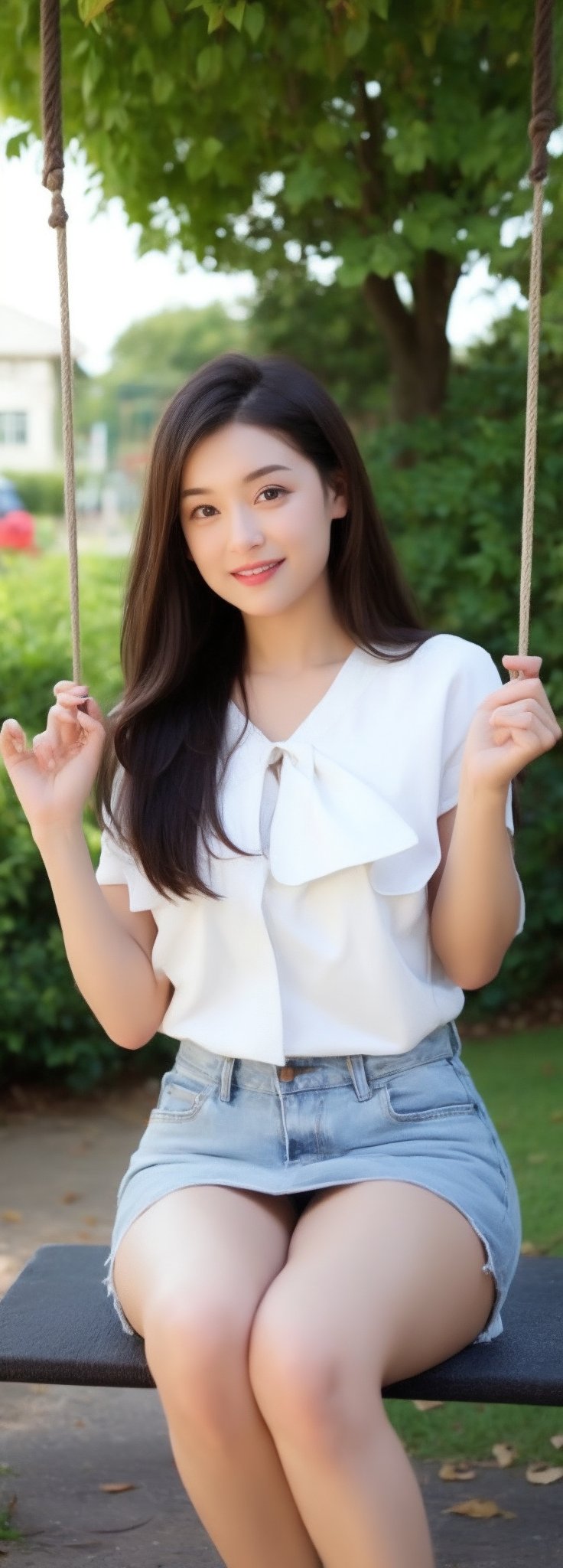 1girl, solo, long hair, looking at viewer, smile, brown hair, shirt, black hair, brown eyes, sitting on a swing, bow on head, masterpiece,perfect light,beauty,idol