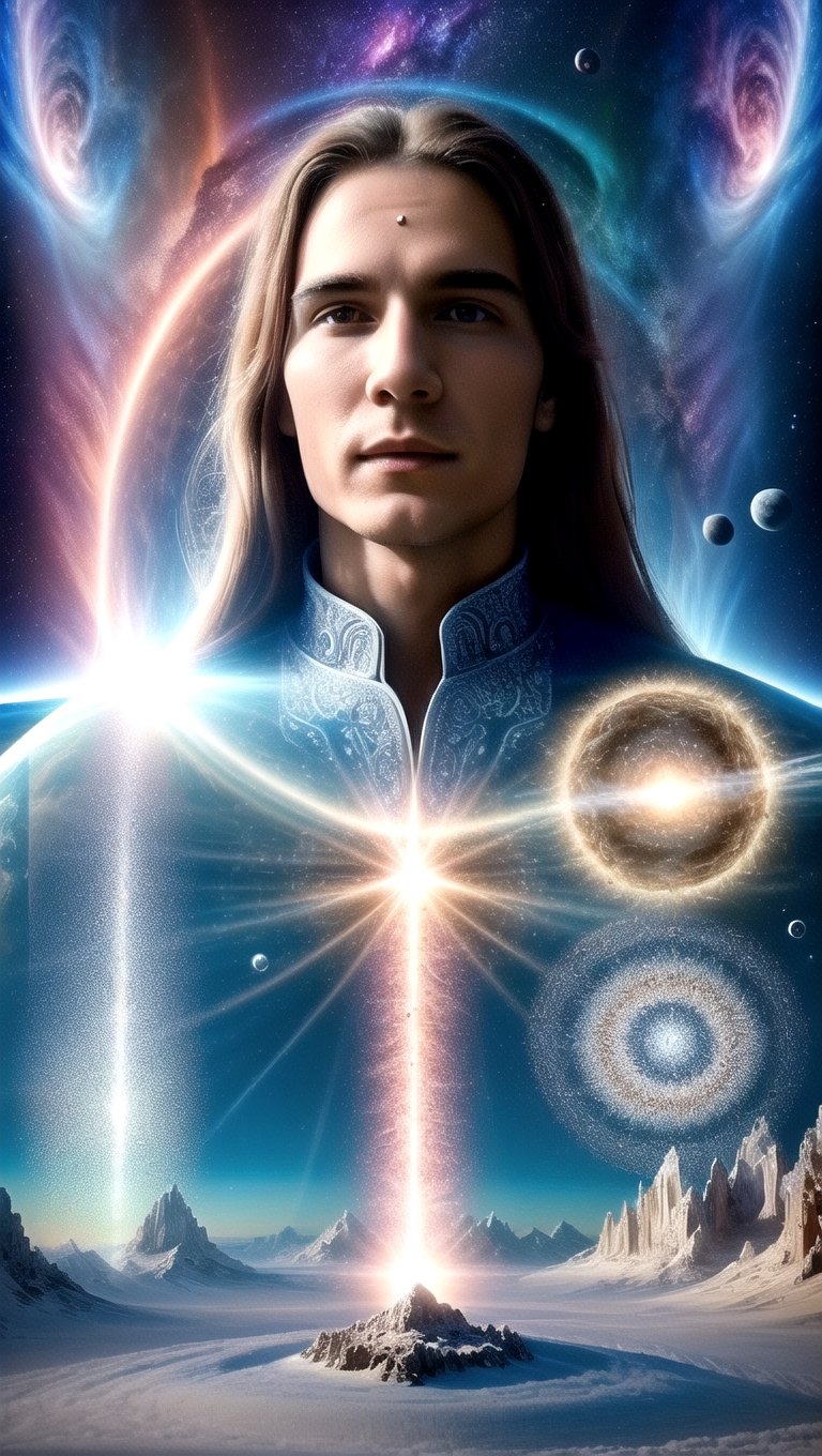 young man, solo, long hair,Evolutionary harmony,newage,tranquillity,sit on the grove,forest,outdoor,(insanely detailed, beautiful detailed face, masterpiece, best quality) cinematic lighting,Spiritual master,brown hair,  brown eyes, A white blue summer gown, Straight hair,trousers,Venusian,On the ship,Spiritual aura,High latitude,Highly evolved people,Interstellar human,Chakra cosmic energy,Fifth dimension,1man,planet,Pink love Energy,Aether,Higher self,elegant,The source of consciousness is inner Zen,modesty, Overhead beams reach the sky,halo  radiate outward,Crystal,Cosmic source energy link,Have a little beard,atmosphere,interplanetary,Rejuvenation