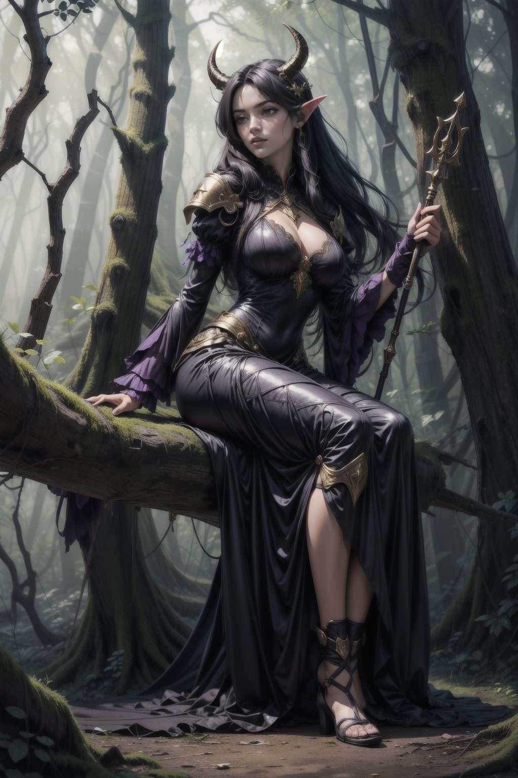 zrpgstyle, female human, golden eyes, long black hair, with black horns, translucent long black dress, surrounded by purple magical light, holding, holding_object, holding an ancient magical staff, wicked smile, sitting in a fallen tree, in a misty forest, looking at the viewer, full body, low angle, masterpiece, detailed, detailed sharp, best quality, highres, nodf_lora, big_breasts, detailed face