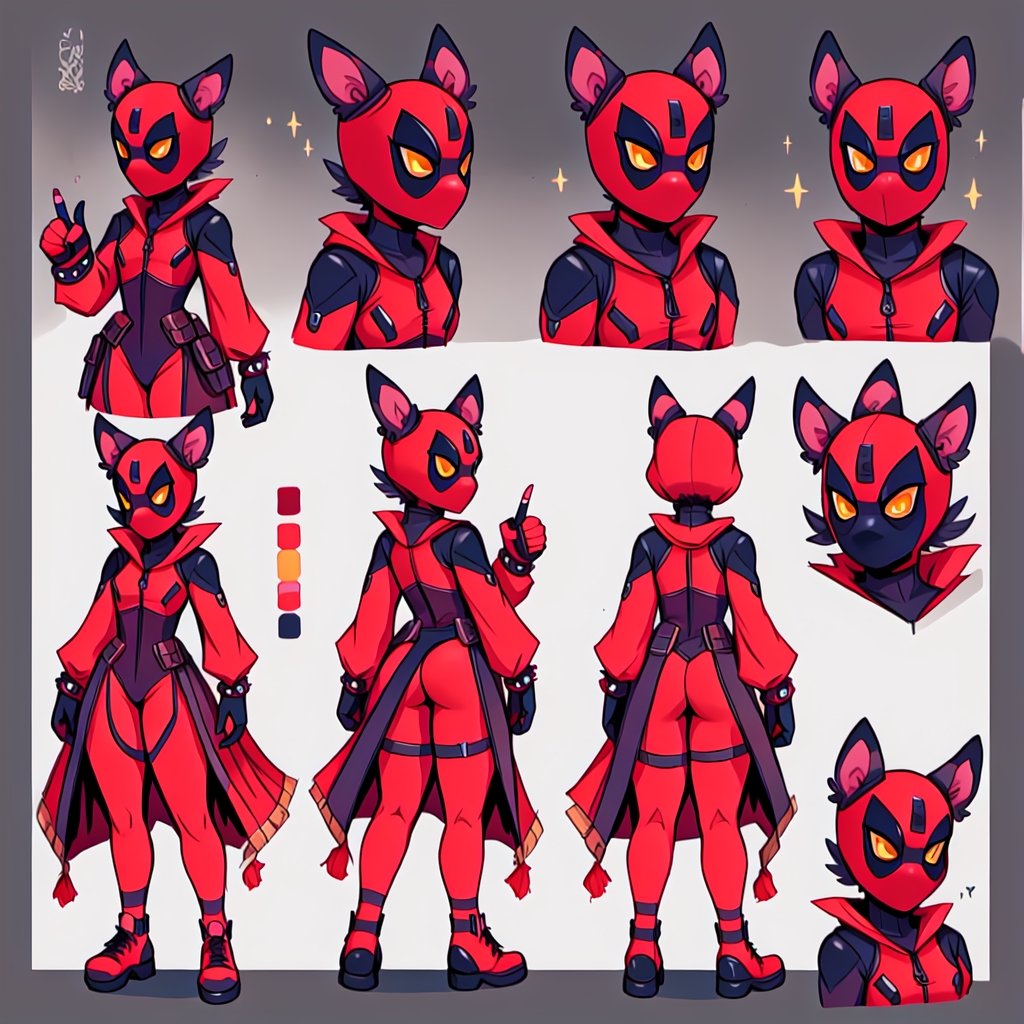 cosplay of deadpool, a girl pointing finger to various directions, saturated golden-yellow eyes, a red mask covering her face, in red clothes, with hands made of metal, on a dark background of a night city, detailed-eyes, details-face, details-lips,  (multiple views, full body, upper body, reference sheet:1), back view, front view