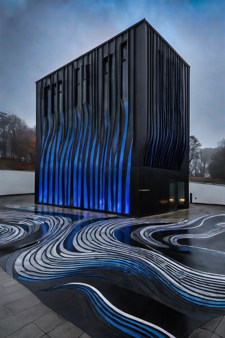 A black building, resembling Munch's paintings, features numerous curling structures and decorations akin to octopus tentacles. It has stripes emitting blue flames, evoking an indescribable sense of horror and oppression. The building is situated in the bottom right corner of the image, with a background of gray and white, foggy sky, occupying only a small portion.