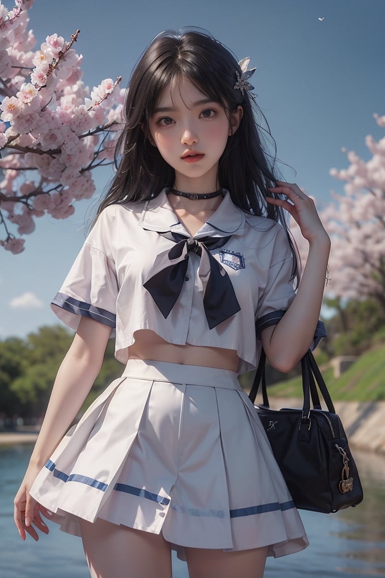 (panoramic), (cowboy shot), 1girl, solo, long hair, looking at viewer, skirt, shirt, black hair, hair ornament, jewelry, very long hair, white shirt, flower, earrings, outdoors, sky, choker, day, cloud, hair flower, water, bag, tree, blue sky, see-through, white skirt, cherry blossoms,Tomoeda_elementary_school_cheerleading_uniform