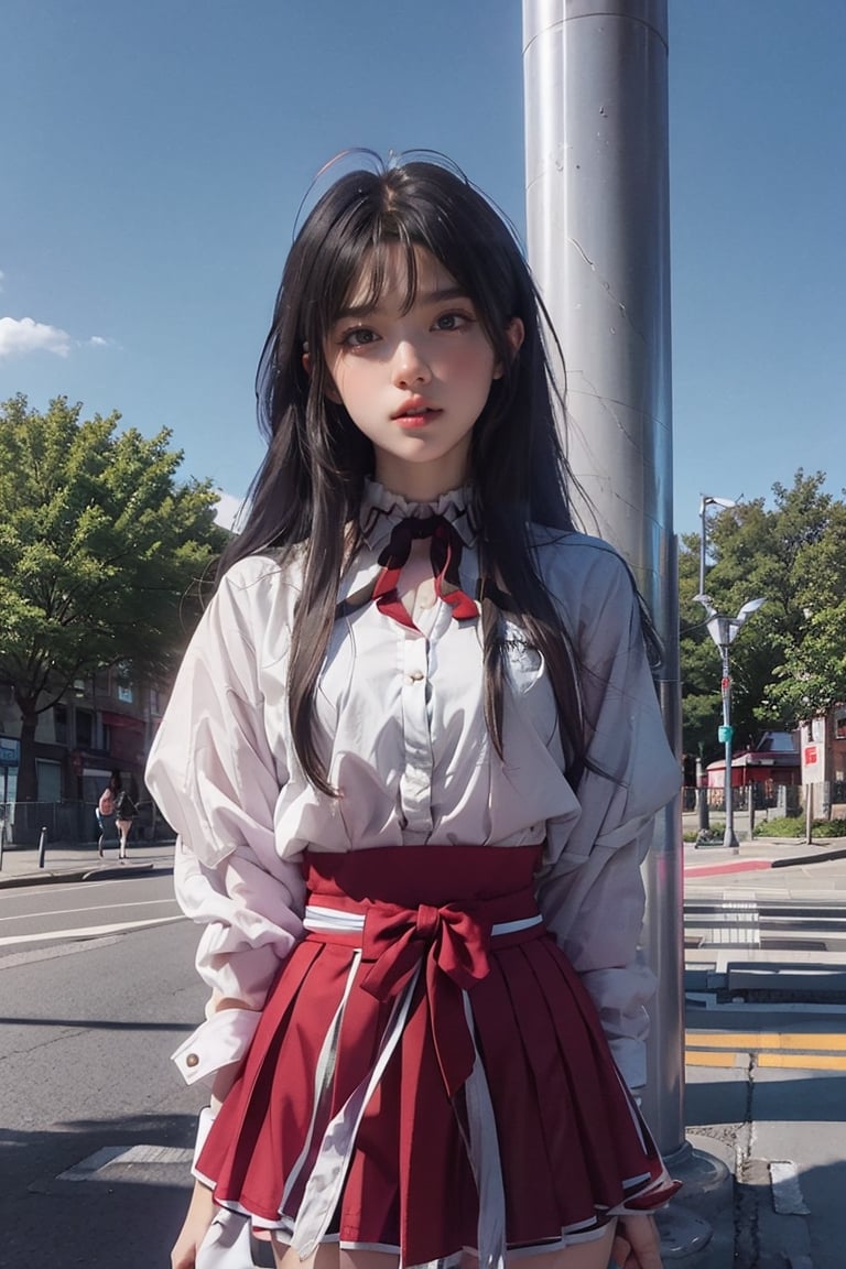 (panoramic), (cowboy shot), 1girl, solo, long hair, looking at viewer, skirt, shirt, black hair, hair ornament, jewelry, very long hair, white shirt, flower, earrings, outdoors, sky, choker, day, cloud, hair flower, water, bag, tree, blue sky, see-through, white skirt, cherry blossoms,Tomoeda_elementary_school_cheerleading_uniform,better_hands,1 girl,akeno himejima