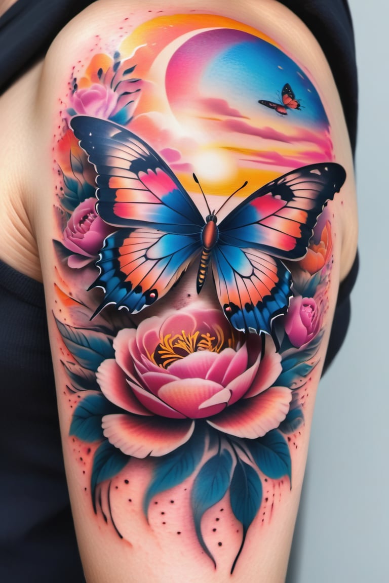 An image of a shoulder cap tattoo showcasing a butterfly in mid-flight, with its wings spread wide. The butterfly's wings are intricately patterned with elements of a sunset sky, blending seamlessly into a background of summer blooms like roses and peonies. The scene is set against a soft, pastel-colored sunset, providing a dreamy atmosphere.
