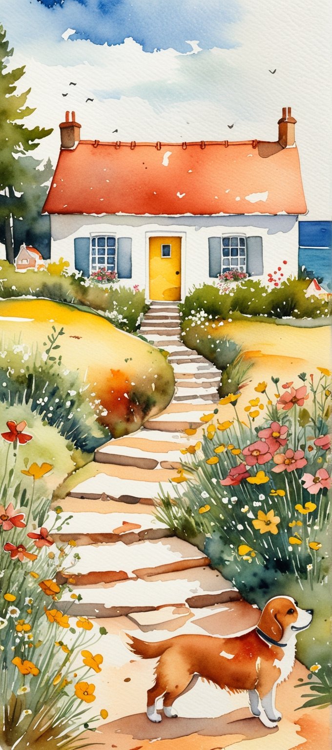 Beautiful house in a tranquil and idyllic watercolor seaside village, a large house made of cozy red clay soil with a yellow door and open windows, pine trees and cosmos blooming along the road, next to a stone path, uneven stepping stones lead up to the house, a dog A girl is sleeping face down in front of the door. Small waves crash against the sea shore. A girl is playing with her dog.