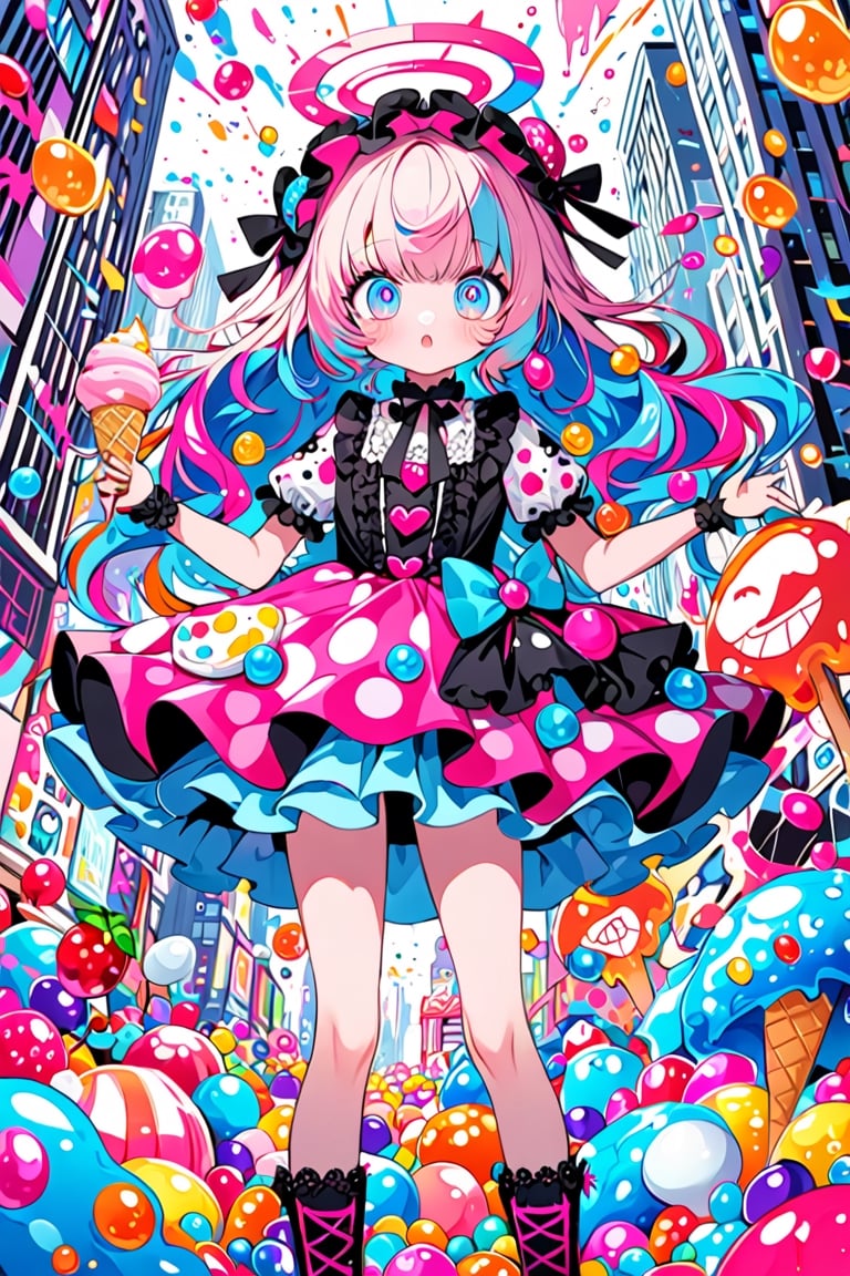 In a whimsical fusion of children's doodle style and Colorful pop art, an emo-pink Lolita girl proudly wears a dress crafted from swirling layers of jelly and ice cream. Her big eyes sparkle like candy-coated gems, surrounded by a halo of brightly colored berry beans. The composition is maximalist, with bold brushstrokes and vibrant hues. In the background, a Dal-6 inspired cityscape bursts with Color Splash chaos, as if the girl's very presence has unleashed a sugary storm.