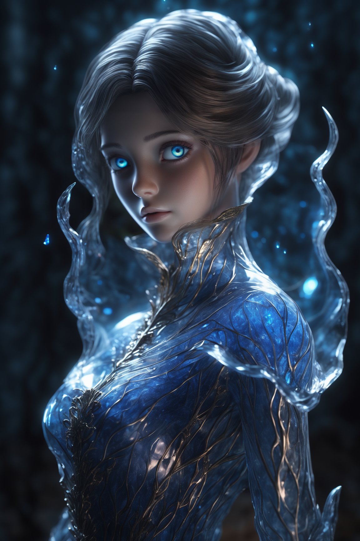 (masterpiece), glass girl, body made out of glass, intricate beauty, bioluminescence, blue veins, detailed eyes, sparkling, reflections, (translucent), elegant, simple background, dim light, volumetric lighting, hyper realistic, blurry foreground, blurry background, (bloodborne:1.1) 