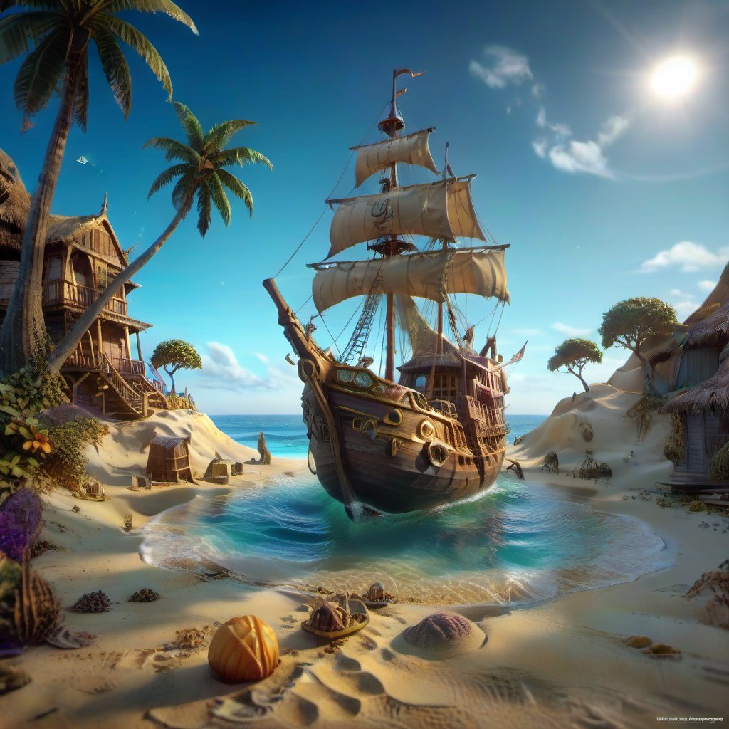 we see the enchanted tropical shore on the rough sand, DETAILED enchanted beach resort life, sailing ships, tropical bungalows under the magnifying glass.. Modifiers: Unreal Engine, Nazar Noschenko, magical, Pino Daeni, etheral, midjourney, ghostly, Astounding, outstanding, otherwordliness, cute illustration, cuteaesthetic, Boris Vallejo style, highly intricate, whimsical, 4K 3D, stunning color depth, cute illustration, Salvador Dalí