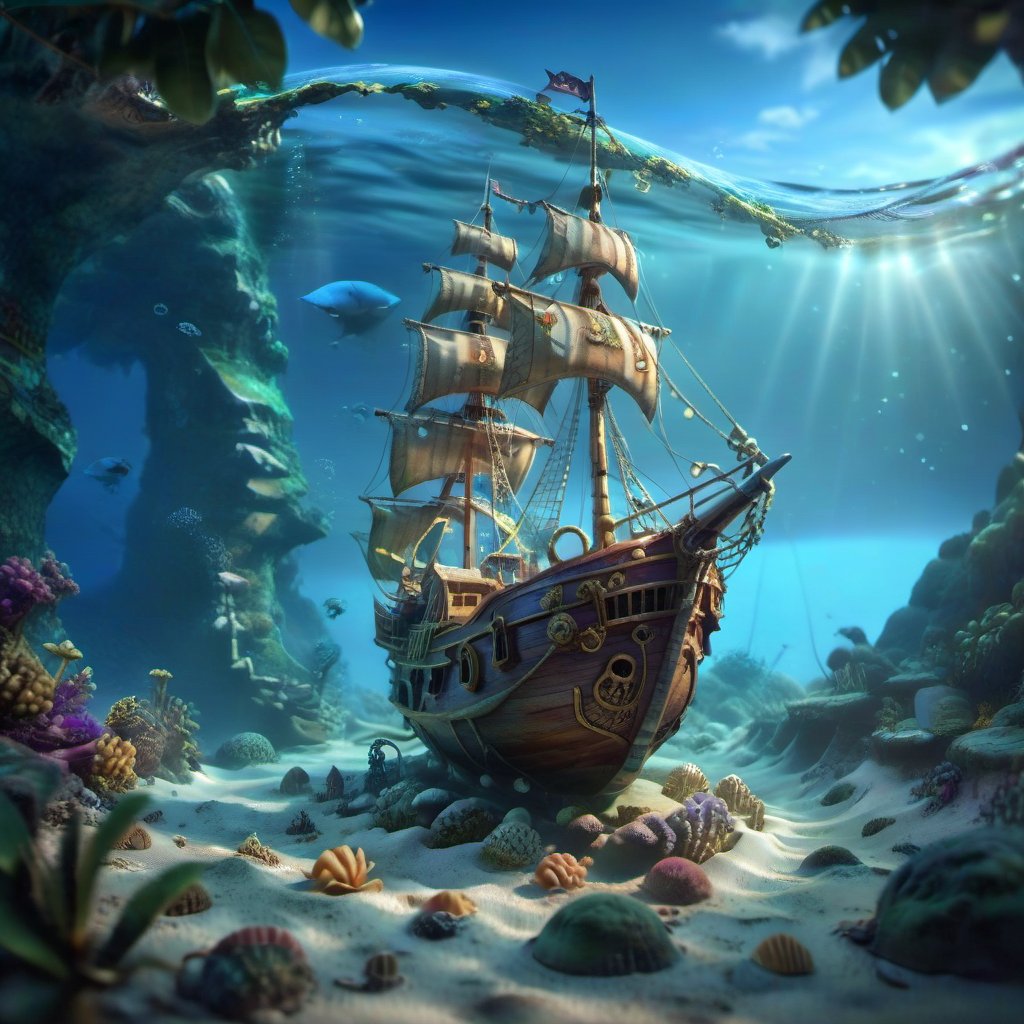 POV angle water, MAGICAL cute STORYBOOK tropical bay , shabby STYLE lovely sailing ship on the beach, view on the tropical bay , summer, semi underwater view, treasures underwater.  Modifiers: highly detailed dof trending on cgsociety steampunk fantastic view ultra detailed 4K 3D whimsical Storybook beautifully lit etheral highly intricate stunning color depth disorderly outstanding cute illustration cuteaesthetic Boris Vallejo style shadow play The mood is Mysterious and Spellbinding, with a sense of otherworldliness  otherwordliness macro photography style LEONARDO DIFFUSION XL STYLE vintage-futuristic