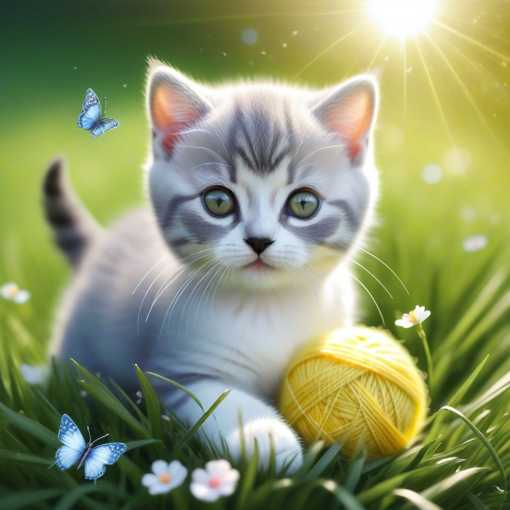 ((ultra realistic photo)), artistic sketch art, Make a little pencil sketch of a cute TINY BRITISH shorthaired CAT play with a ball of yarn  in the grass , art, textures, pure perfection, high definition, feather around, TINY DELICATE FLOWERS, ball of yarn, flower petals , Sun beam, butterfly, tiny cat toys, detailed calligraphy texts, tiny delicate drawings,LegendDarkFantasy