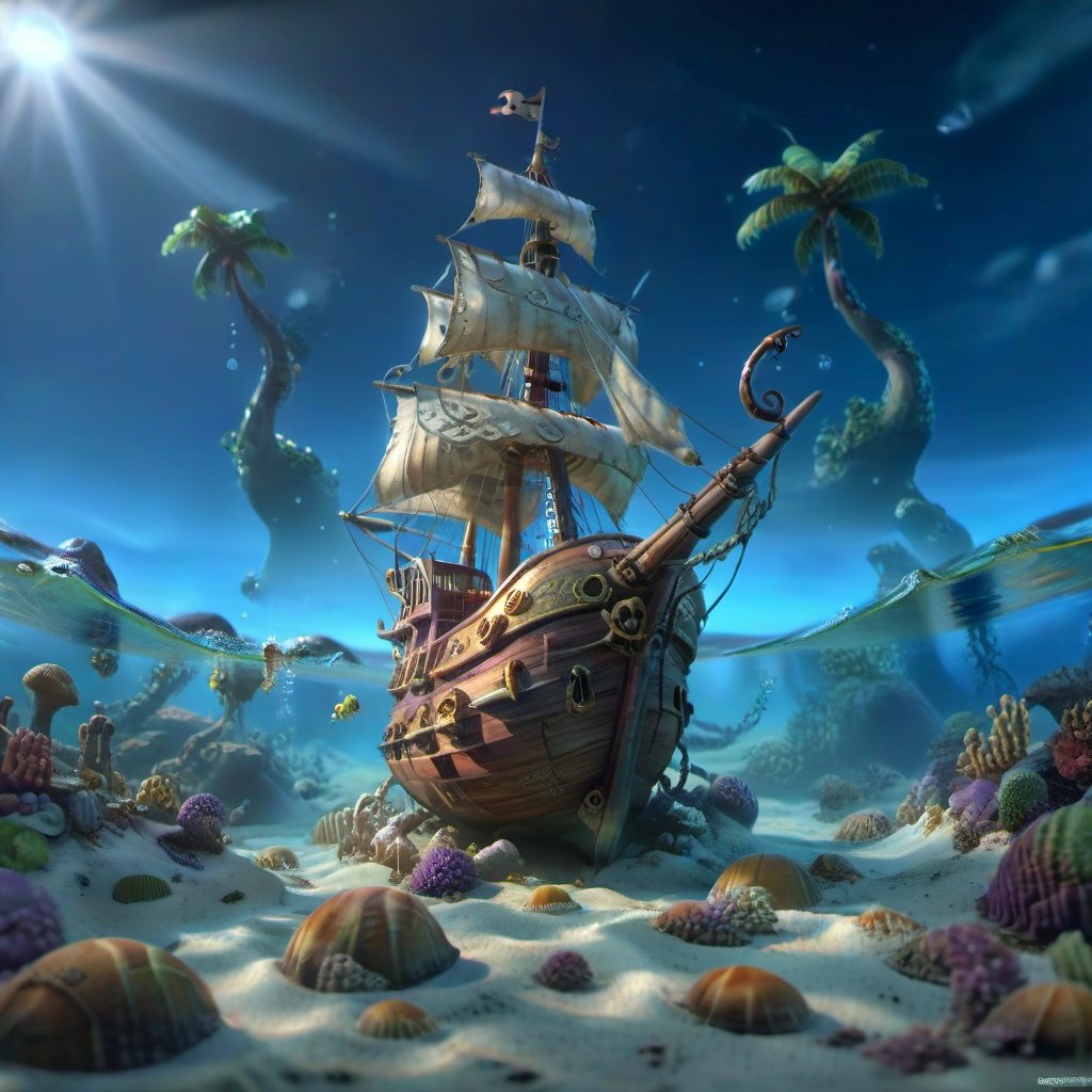 POV angle water worm's-eye view, MAGICAL cute STORYBOOK tropical bay , shabby STYLE lovely sailing ship on the beach, view on the tropical bay , summer, semi underwater view, pirate treasures underwater. Modifiers: highly detailed dof trending on cgsociety steampunk fantastic view ultra detailed 4K 3D whimsical Storybook beautifully lit etheral highly intricate stunning color depth disorderly outstanding cute illustration cuteaesthetic Boris Vallejo style shadow play The mood is Mysterious and Spellbinding, with a sense of otherworldliness otherwordliness macro photography style LEONARDO DIFFUSION XL STYLE