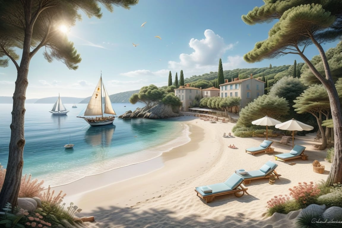 A serene NIzza beach scene unfolds before us. Little apartman house with terrace. Soft white sand stretches beneath the gentle sway of trees, while a family plays and laughs together and sunbathe. In the distance, a majestic sailing ship glides across the calm sea, its sails billowing in the breeze. Blankets scatter the shore, topped with tiny treasures: delicate sea-shells and starfish. The highly detailed landscape, reminiscent of Jean-Jacques Sempé's whimsical illustrations from Petit Nicolas, comes to life in PASTEL SHADES.