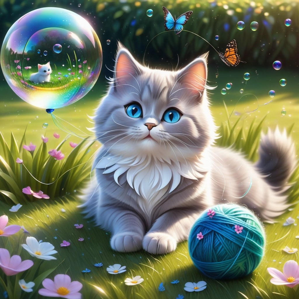 a BRITISH shorthaired BLUE EYED HAPPY PLAYFUL cat play with a ball of yarn in the grass , (art, textures, pure perfection, high definition), feathers around, TINY DELICATE FLOWERS, ball of yarn, flower petals , Sun beam, 1SOAP BUBBLE, butterfly, tiny dew drops float, detailed calligraphy texts float, tiny delicate drawings,disney pixar style