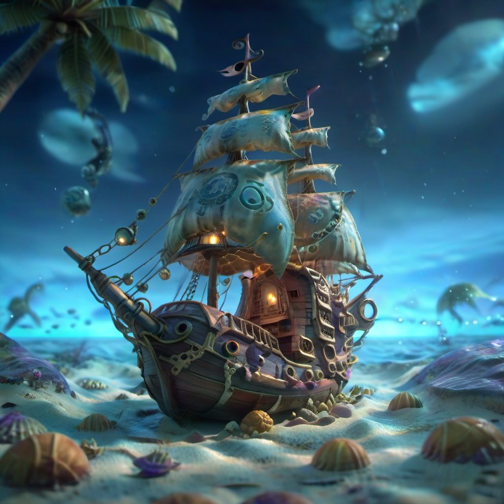 POV angle water worm's-eye view, MAGICAL cute STORYBOOK tropical bay , shabby STYLE lovely sailing ship on the beach, view on the tropical bay , summer, semi underwater view, pirate treasures underwater.  Modifiers: highly detailed dof trending on cgsociety steampunk fantastic view ultra detailed 4K 3D whimsical Storybook beautifully lit etheral highly intricate stunning color depth disorderly outstanding cute illustration cuteaesthetic Boris Vallejo style shadow play The mood is Mysterious and Spellbinding, with a sense of otherworldliness  otherwordliness macro photography style LEONARDO DIFFUSION XL STYLE vintage-futuristic