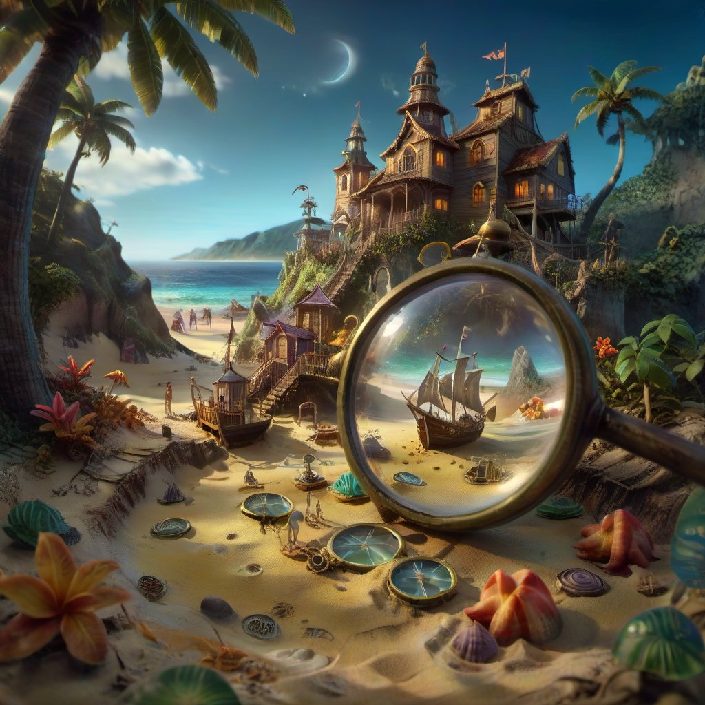 we see the enchanted tropical shore under a magnifying  glass on a  magical Old Paper map on the rough sand, DETAILED enchanted beach resort life, sailing ships, tropical bungalows under the  magnifying glass.. Modifiers: Unreal Engine, Nazar Noschenko, magical, Pino Daeni, etheral, midjourney, ghostly, Astounding, outstanding, otherwordliness, cute illustration, cuteaesthetic, Boris Vallejo style, highly intricate, whimsical, 4K 3D, stunning color depth, cute illustration, Salvador Dalí