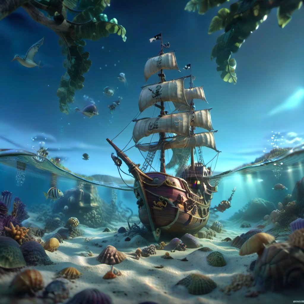 POV angle water, MAGICAL cute STORYBOOK tropical bay , shabby STYLE lovely sailing ship on the beach, view on the tropical bay , summer, semi underwater view, pirate treasures underwater.  Modifiers: highly detailed dof trending on cgsociety steampunk fantastic view ultra detailed 4K 3D whimsical Storybook beautifully lit etheral highly intricate stunning color depth disorderly outstanding cute illustration cuteaesthetic Boris Vallejo style shadow play The mood is Mysterious and Spellbinding, with a sense of otherworldliness  otherwordliness macro photography style LEONARDO DIFFUSION XL STYLE vintage-futuristic