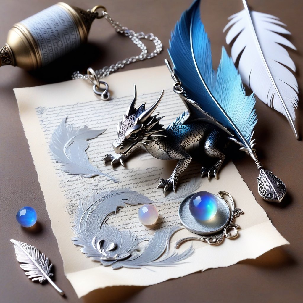 ((ultra ARTISTIC sketch)), (artistic sketch art), Make a 3d DETAILED old torn paper scroll on a scraped old desk (detailed calligraphic texts on the paper, tiny miniature cute sleepy baby dragon scraping on the paper, and silver feather pendant with opal ball) crystal, silver coin, little moonstone gem , tiny candle, tiny potion jar,, delicate flowers, DISORDERED,