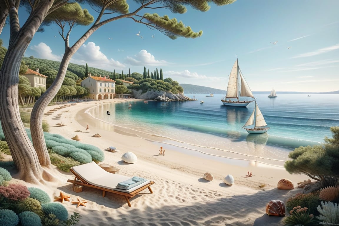 A serene NIzza beach scene unfolds before us. Little apartman house with terrace. Soft white sand stretches beneath the gentle sway of trees, while a family plays and laughs together and sunbathe. In the distance, a majestic sailing ship glides across the calm sea, its sails billowing in the breeze. Blankets scatter the shore, topped with tiny treasures: delicate sea-shells and starfish. The highly detailed landscape, reminiscent of Jean-Jacques Sempé's whimsical illustrations from Petit Nicolas, comes to life in PASTEL SHADES.