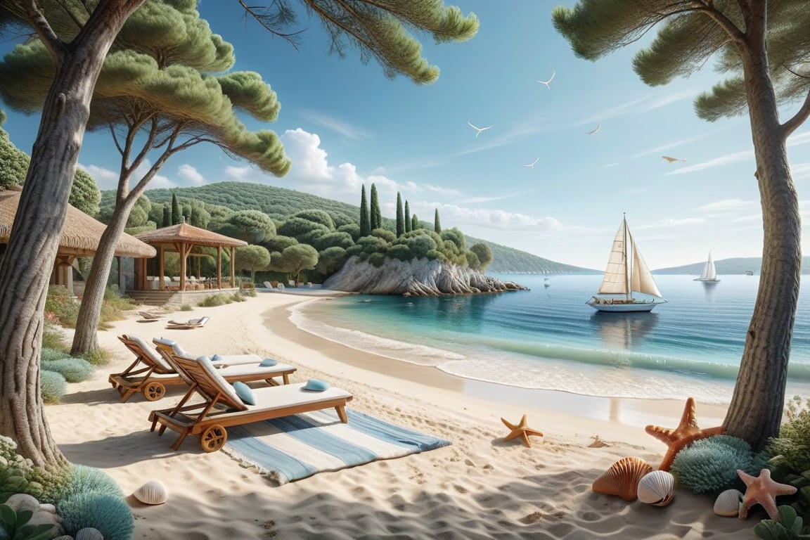 A serene NIzza beach scene unfolds before us. Little apartman house with terrace. Soft white sand stretches beneath the gentle sway of trees, while a family plays and laughs together and sunbathe. In the distance, a majestic sailing ship glides across the calm sea, its sails billowing in the breeze. Blankets scatter the shore, topped with tiny treasures: delicate sea-shells and starfish. The highly detailed landscape, reminiscent of Jean-Jacques Sempé's whimsical illustrations from Petit Nicolas, comes to life in PASTEL SHADES.