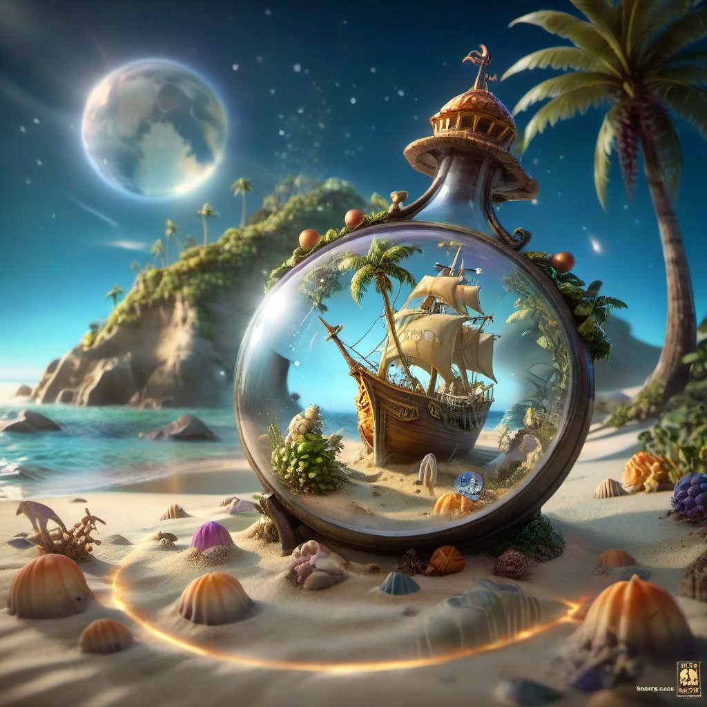 we see the enchanted tropical shore under a magnifying  glass on a  magical Old Paper map on the rough sand, DETAILED enchanted beach resort life, sailing ships, tropical bungalows under the  magnifying glass.. Modifiers: Unreal Engine, Nazar Noschenko, magical, Pino Daeni, etheral, midjourney, ghostly, Astounding, outstanding, otherwordliness, cute illustration, cuteaesthetic, Boris Vallejo style, highly intricate, whimsical, 4K 3D, stunning color depth, cute illustration, Salvador Dalí