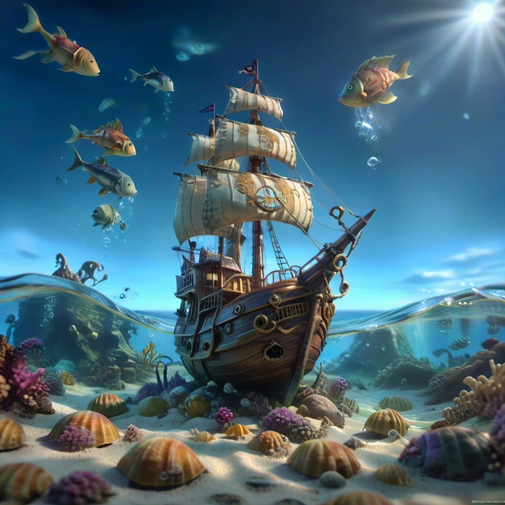 POV angle water worm's-eye view, MAGICAL cute STORYBOOK tropical bay , shabby STYLE lovely sailing ship on the beach, view on the tropical bay , summer, semi underwater view, tropical fishes underwater.  Modifiers: highly detailed dof trending on cgsociety steampunk fantastic view ultra detailed 4K 3D whimsical Storybook beautifully lit etheral highly intricate stunning color depth disorderly outstanding cute illustration cuteaesthetic Boris Vallejo style shadow play The mood is Mysterious and Spellbinding, with a sense of otherworldliness  otherwordliness macro photography style LEONARDO DIFFUSION XL STYLE 