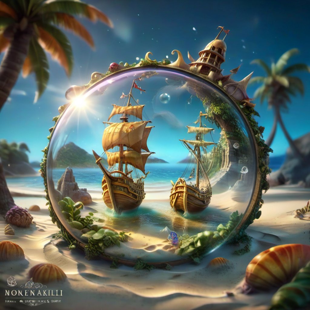 we see the enchanted tropical shore under a magnifying  glass on a  magical Old Paper map on the rough sand .,  DETAILED enchanted beach resort life, sailing ships, tropical bungalows under the  magnifying glass.. Modifiers: Unreal Engine, Nazar Noschenko, magical, Pino Daeni, etheral, midjourney, ghostly, Astounding, outstanding, otherwordliness, cute illustration, cuteaesthetic, Boris Vallejo style, highly intricate, whimsical, 4K 3D, stunning color depth, cute illustration, Salvador Dalí