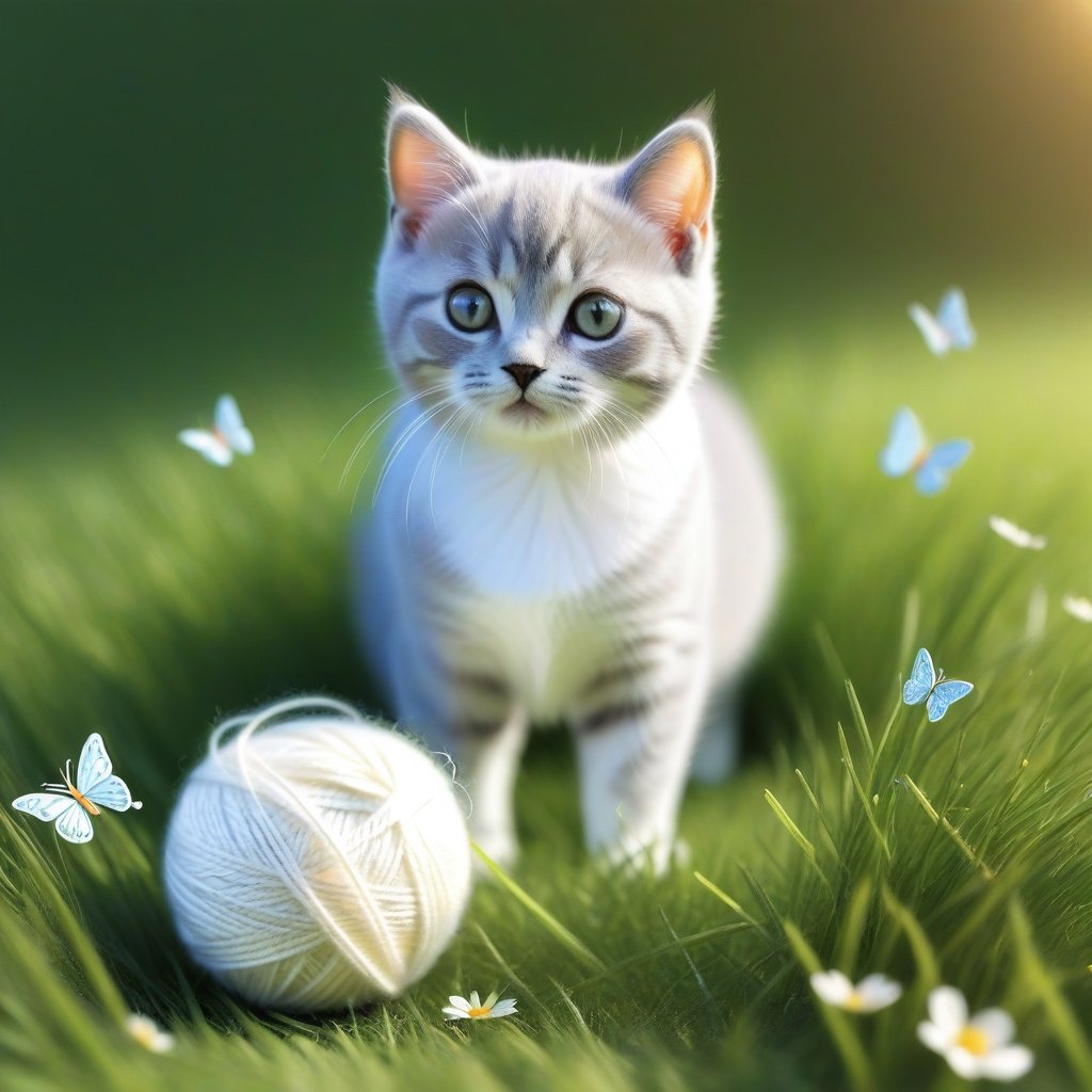 ((ultra realistic photo)), artistic sketch art, Make a little pencil sketch of a cute TINY BRITISH shorthaired CAT play with a ball of yarn  in the grass , art, textures, pure perfection, high definition, feather around, TINY DELICATE FLOWERS, ball of yarn, flower petals , Sun beam, butterfly, tiny cat toys, detailed calligraphy texts, tiny delicate drawings