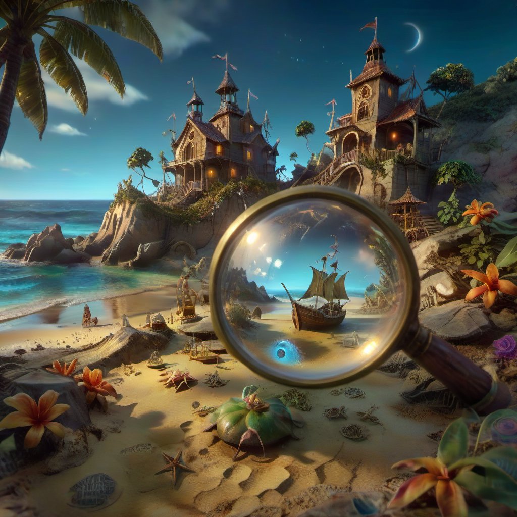 we see the enchanted tropical shore under a magnifying  glass on a  magical Old Paper map on the rough sand, DETAILED enchanted beach resort life, sailing ships, tropical bungalows under the  magnifying glass.. Modifiers: Unreal Engine, Nazar Noschenko, magical, Pino Daeni, etheral, midjourney, ghostly, Astounding, outstanding, otherwordliness, cute illustration, cuteaesthetic, Boris Vallejo style, highly intricate, whimsical, 4K 3D, stunning color depth, cute illustration, Salvador Dalí